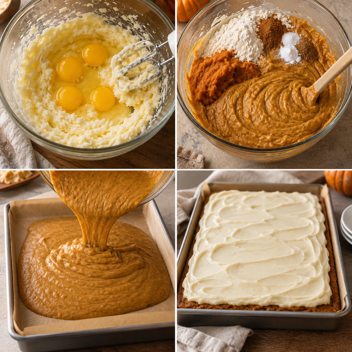 Four chronological preparation stages for Libby's Pumpkin Bars with Cream Cheese Frosting
