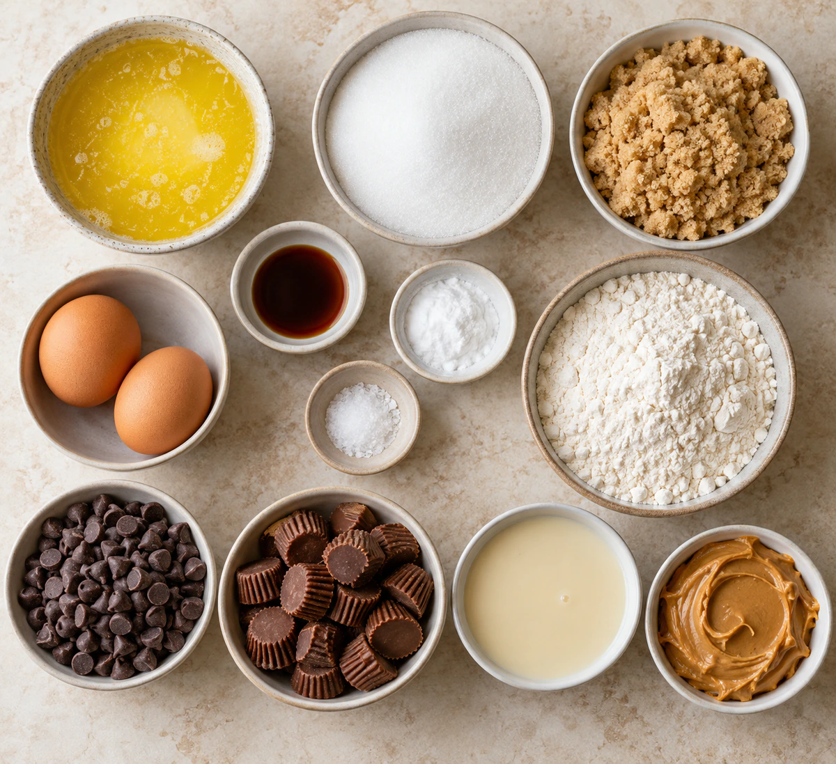 Exact measured ingredients for Peanut Butter Cup Gooey Bars
