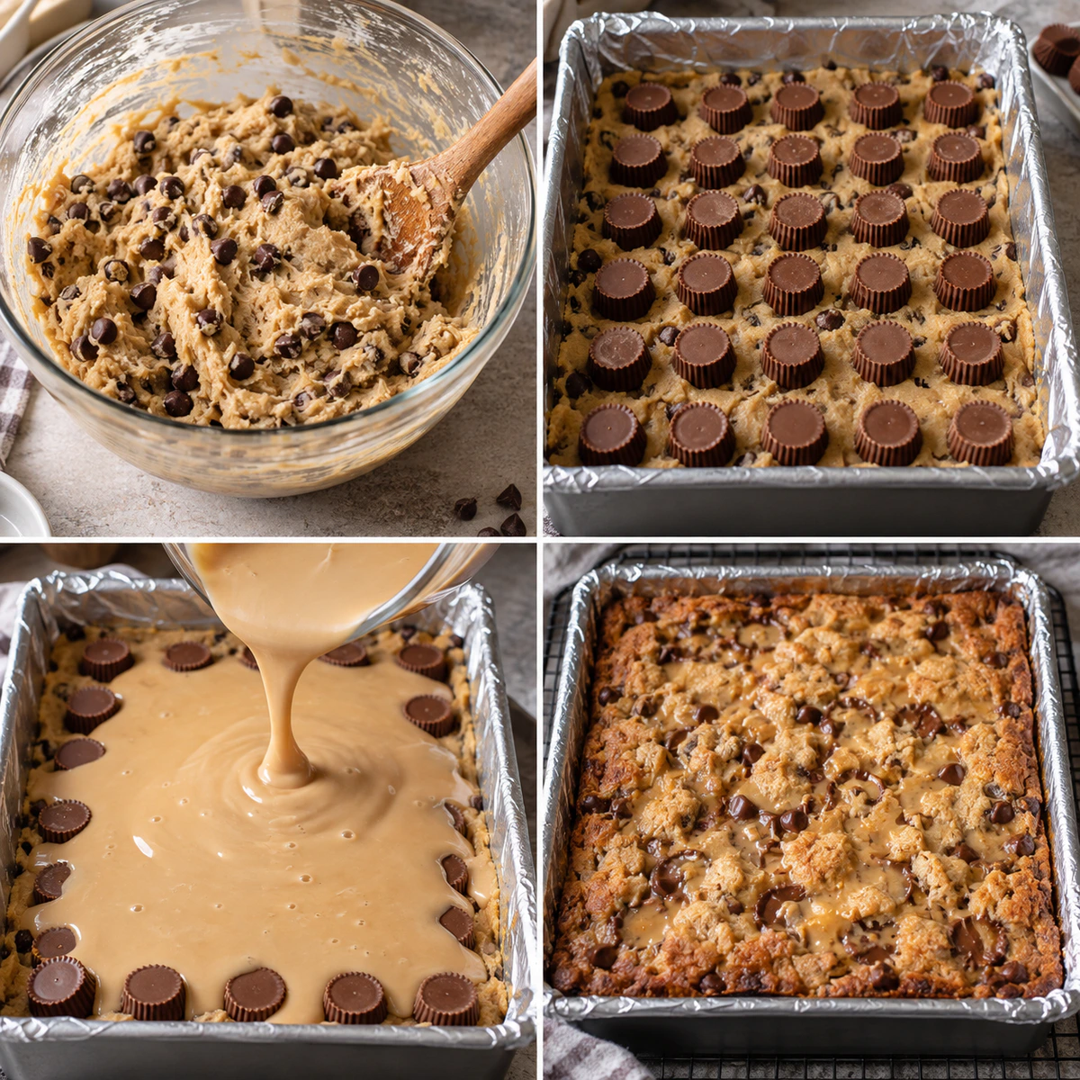 Four chronological preparation stages for Peanut Butter Cup Gooey Bars