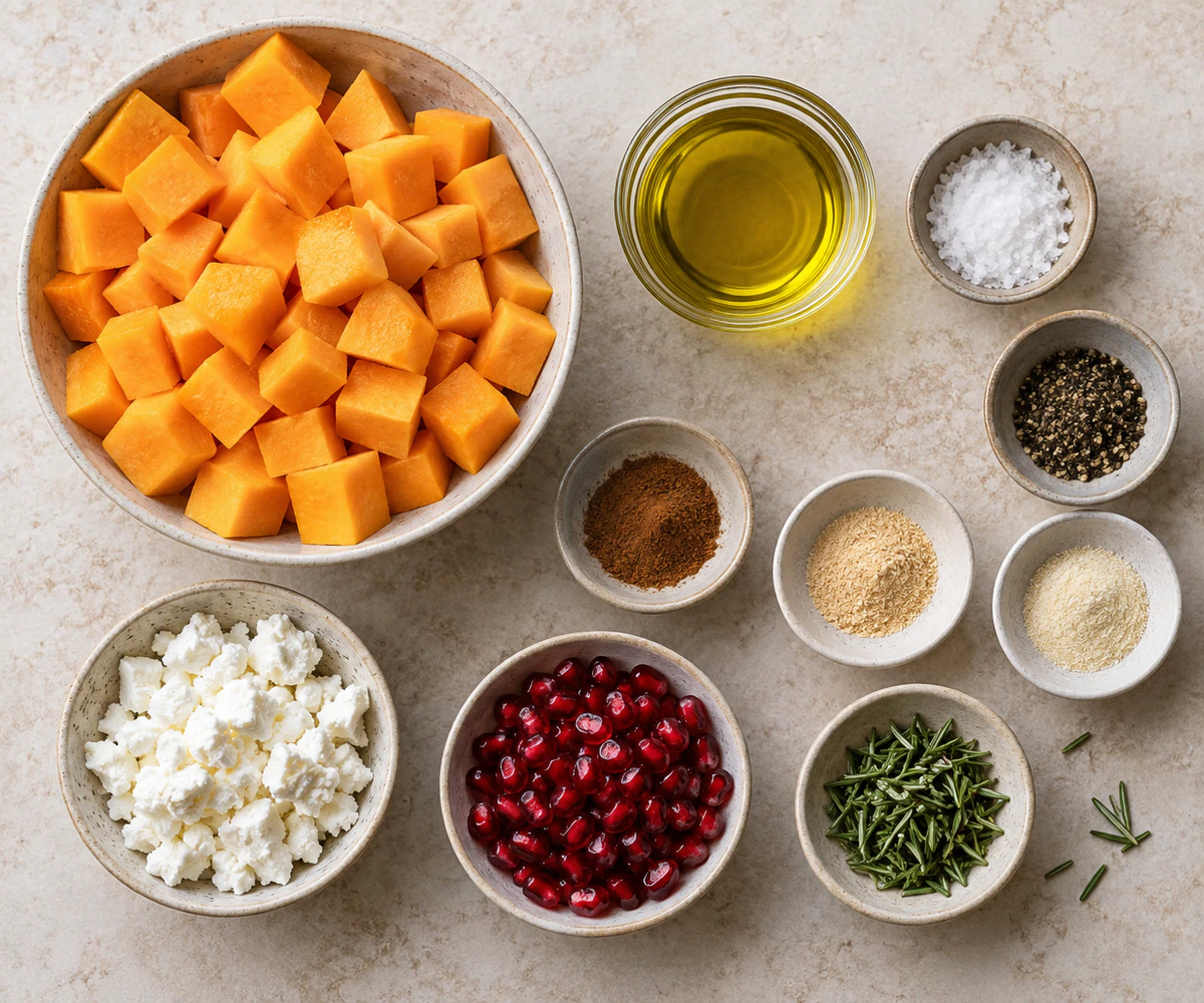 Exact measured ingredients for Roasted Butternut Squash with Goat Cheese, Pomegranates, and Rosemary
