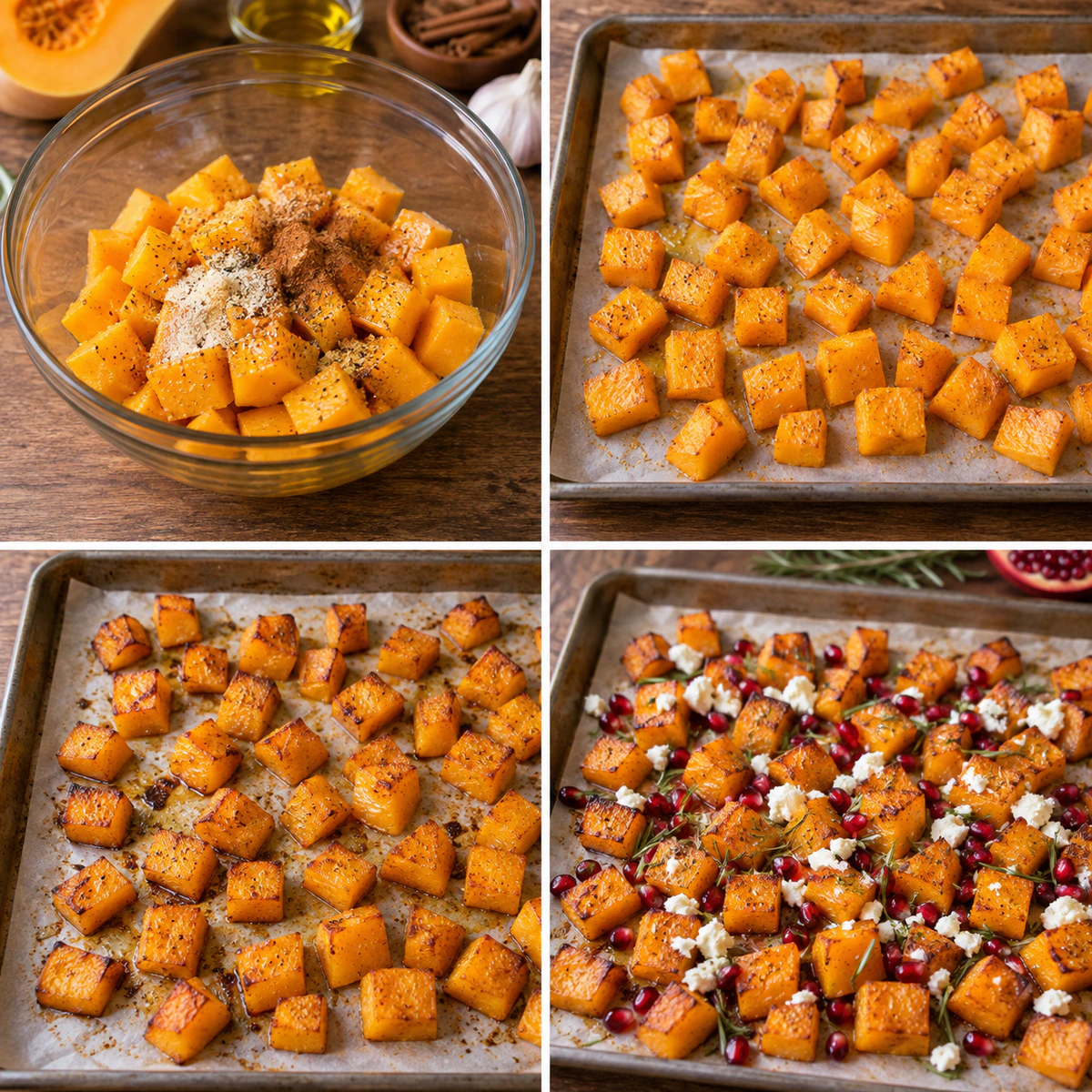 Four chronological preparation stages for Roasted Butternut Squash with Goat Cheese, Pomegranates, and Rosemary