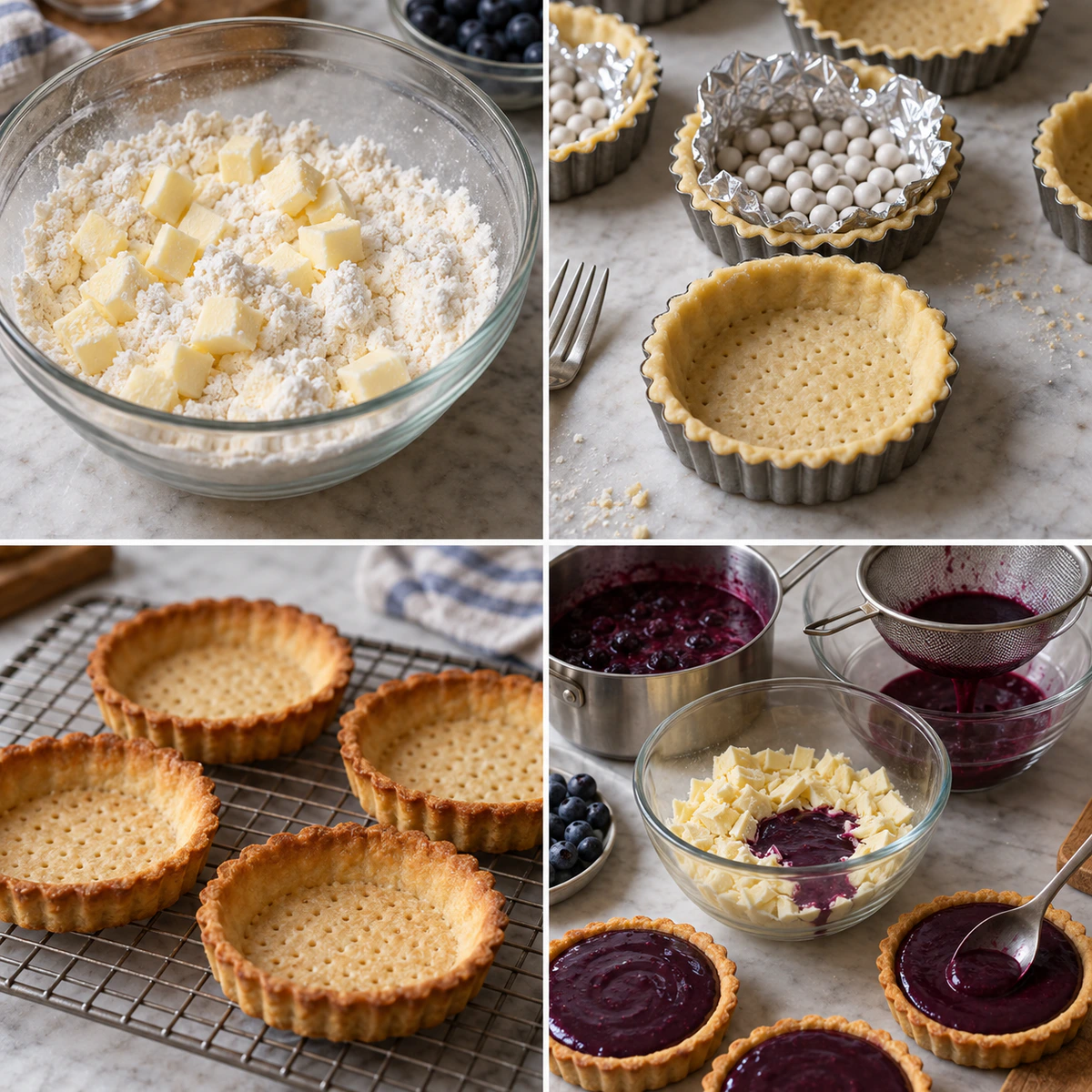 Four chronological preparation stages for Blueberry Ganache Tart