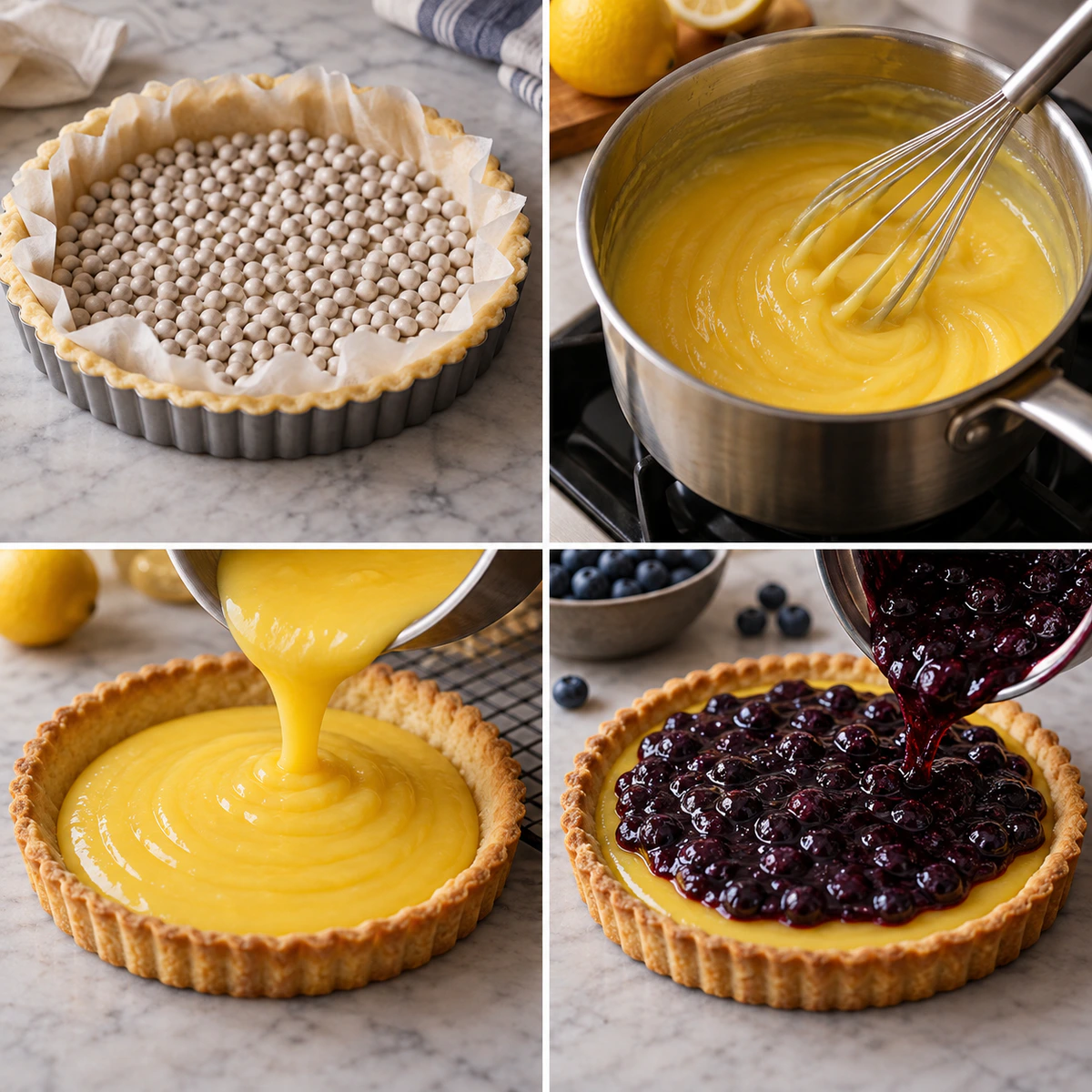 Four chronological preparation stages for Blueberry Lemon Curd Tart