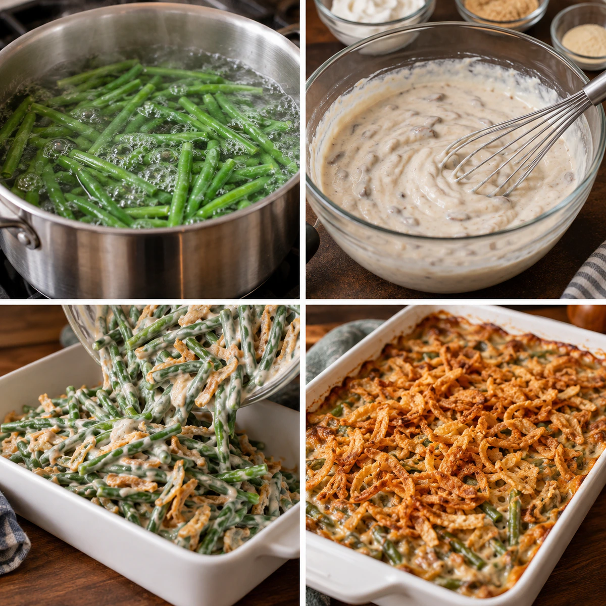 Four chronological preparation stages for Green Bean Casserole