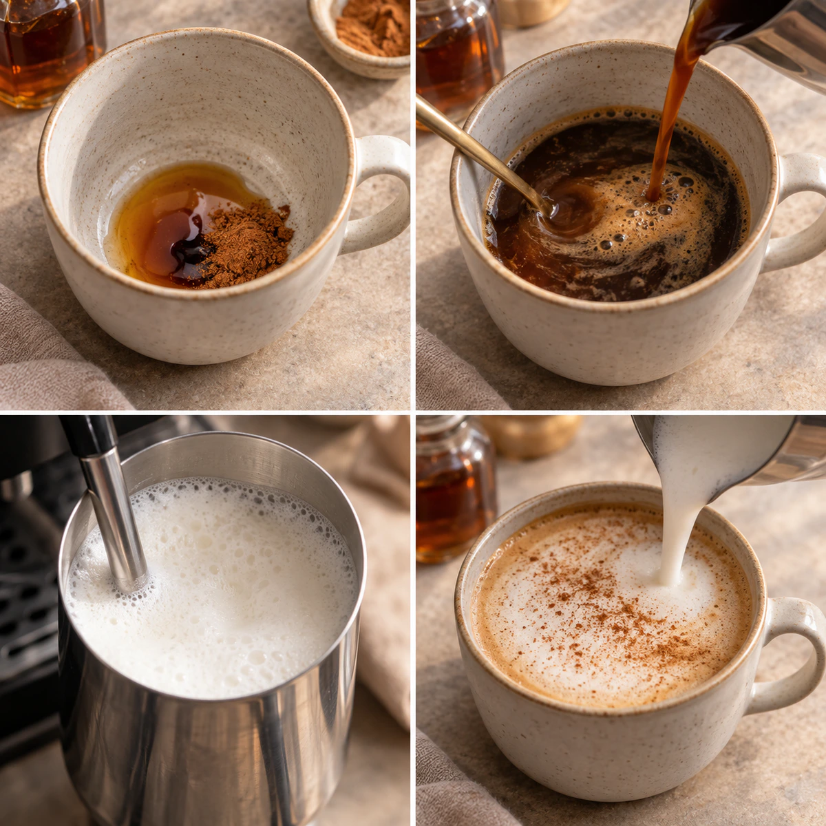 Four chronological preparation stages for Maple Cinnamon Latte