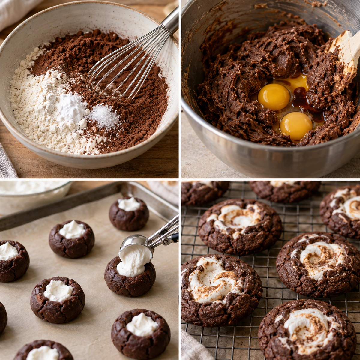 Four chronological preparation stages for Marshmallow Swirl Cookies