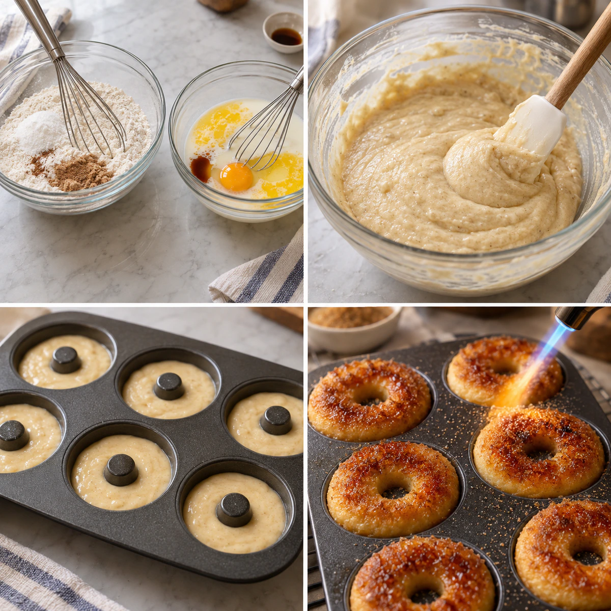 Four chronological preparation stages for Baked Creme Brulee Donuts