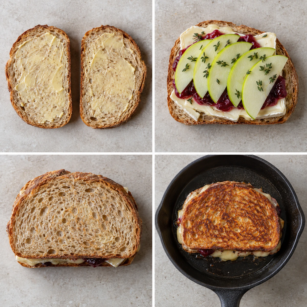 Four chronological preparation stages for Brie, Apple & Cranberry Grilled Cheese