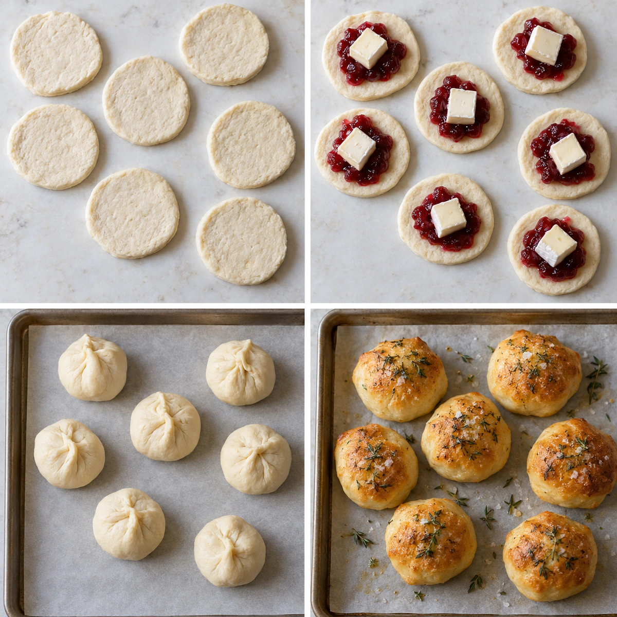 Four chronological preparation stages for Cranberry Brie Bombs