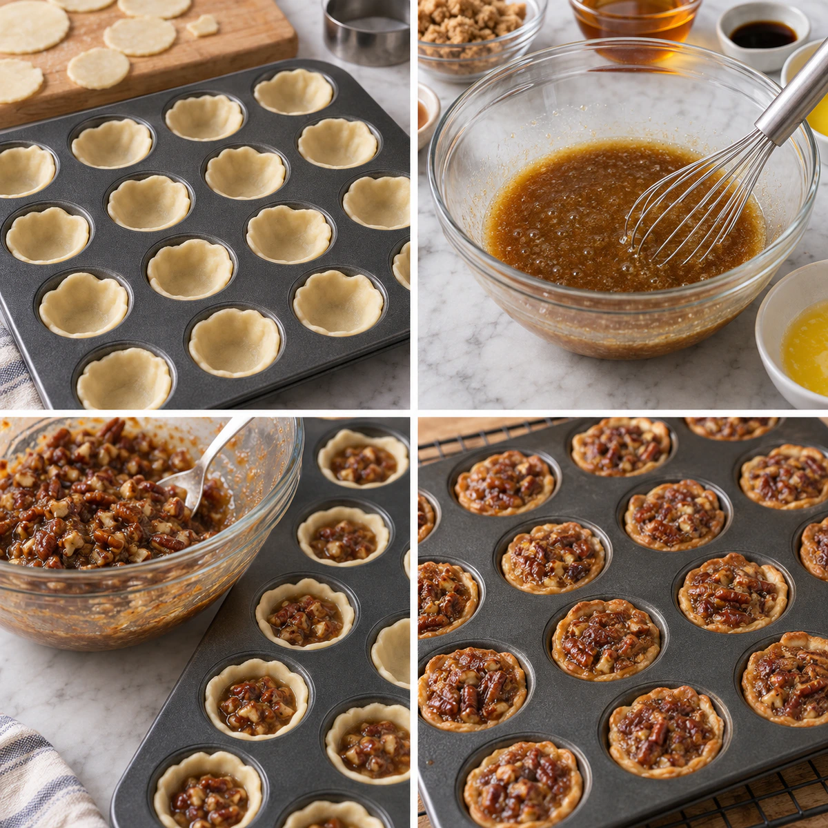 Four chronological preparation stages for Pecan Pie Bites