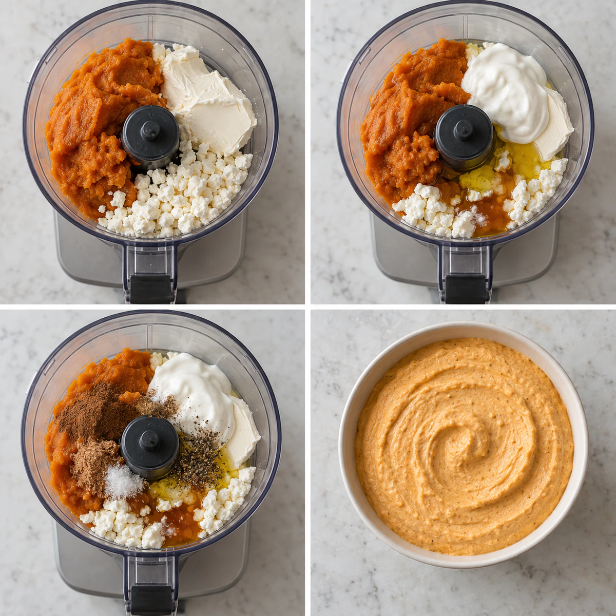 Four chronological preparation stages for Pumpkin Whipped Feta Dip