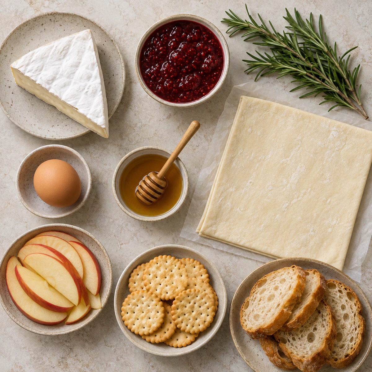 Exact measured ingredients for Baked Brie with Raspberry & Rosemary Jam