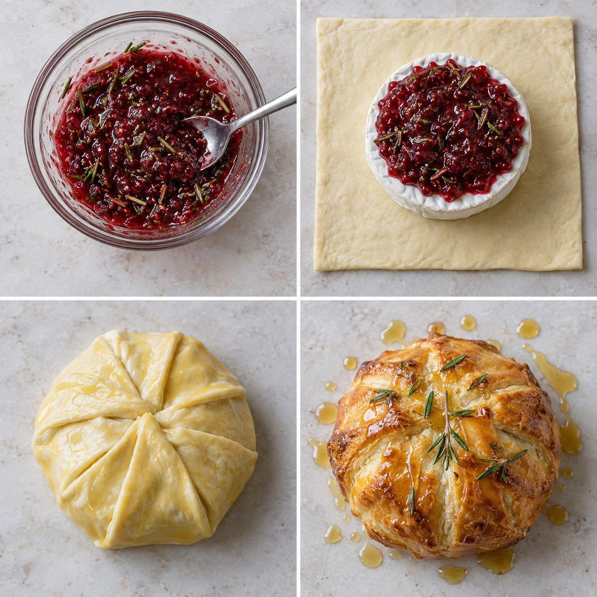 Four chronological preparation stages for Baked Brie with Raspberry & Rosemary Jam