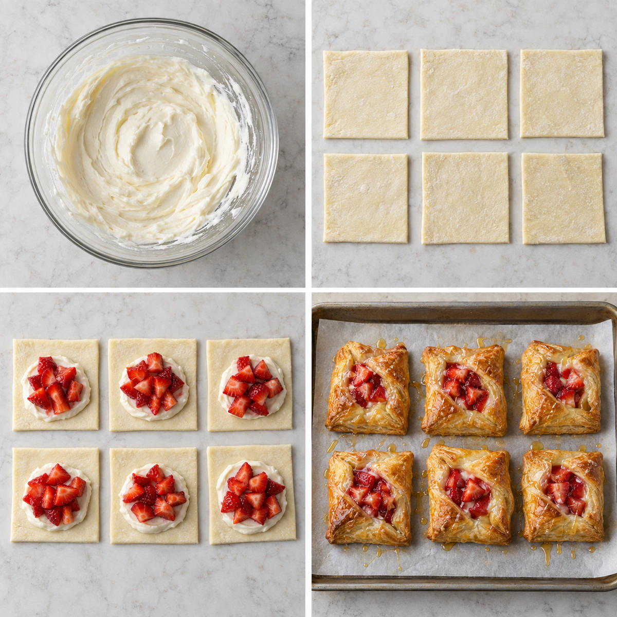 Four chronological preparation stages for Delicious Strawberry Danish