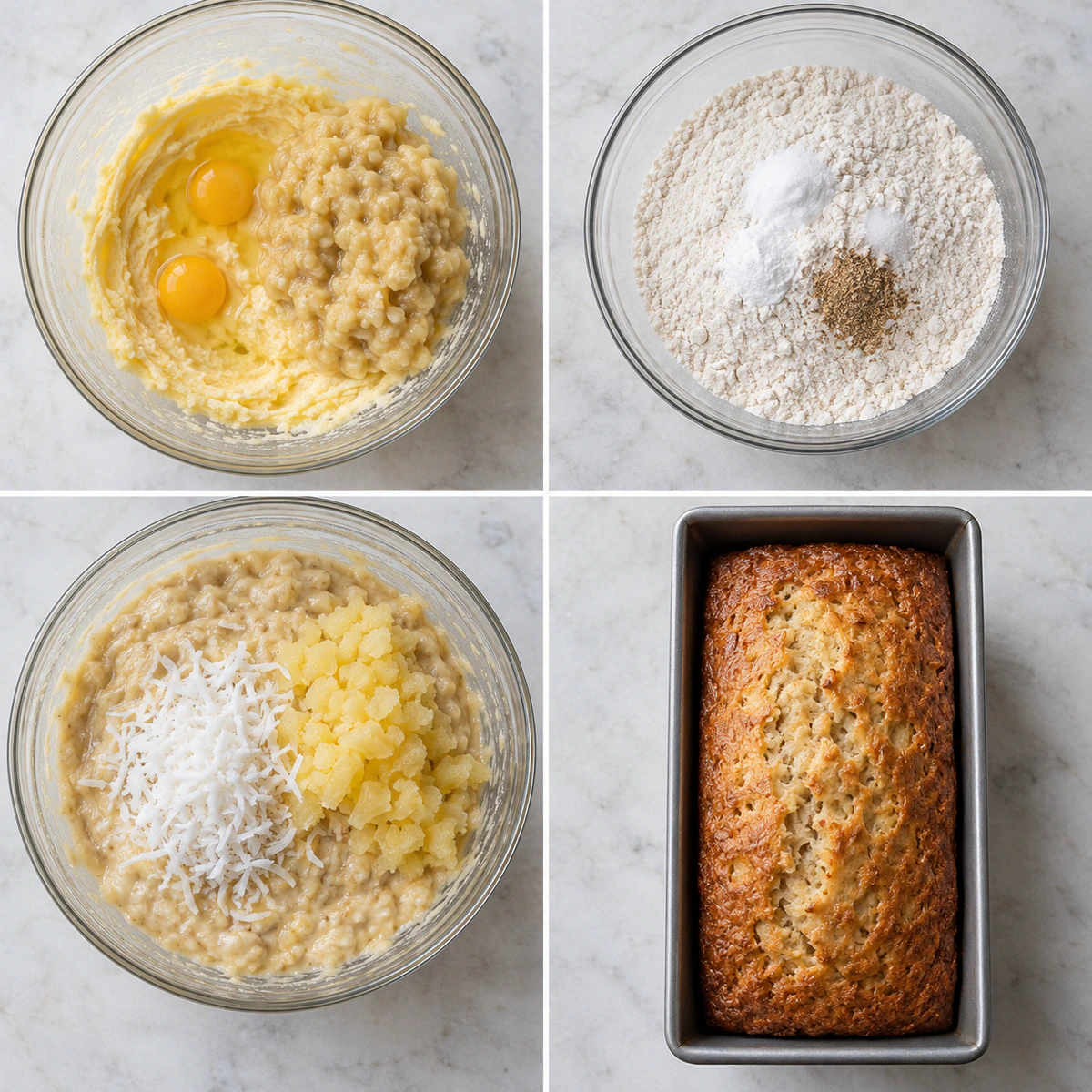 Four chronological preparation stages for Hawaiian Banana Bread