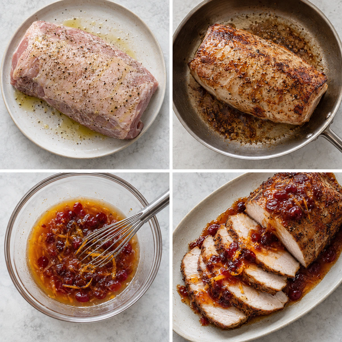 Four chronological preparation stages for Orange Cranberry Pork Loin Roast