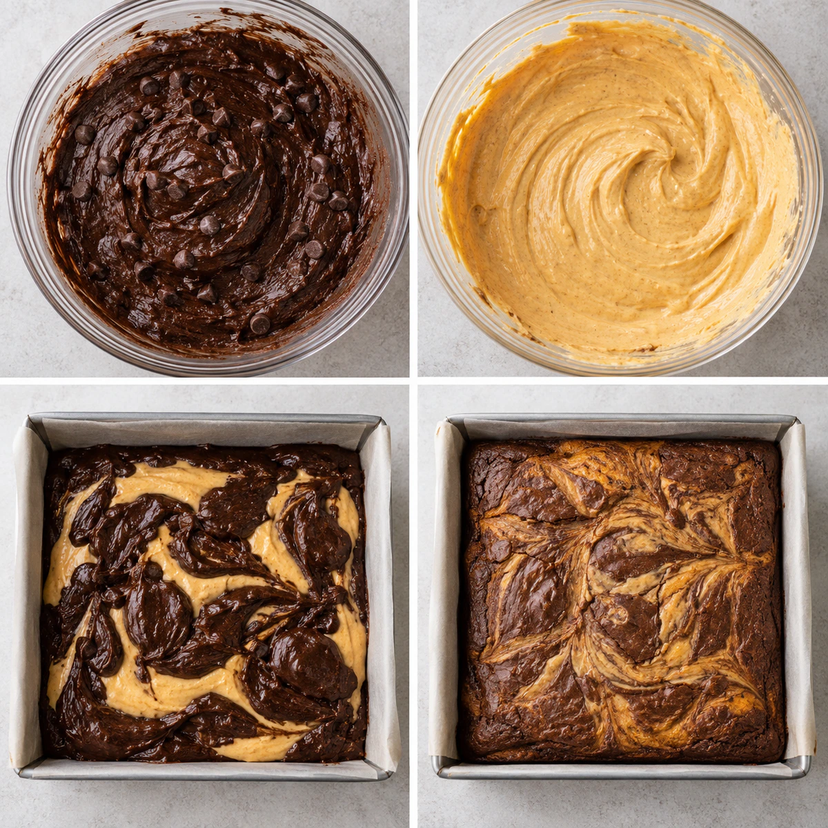 Four chronological preparation stages for Pumpkin Brownies
