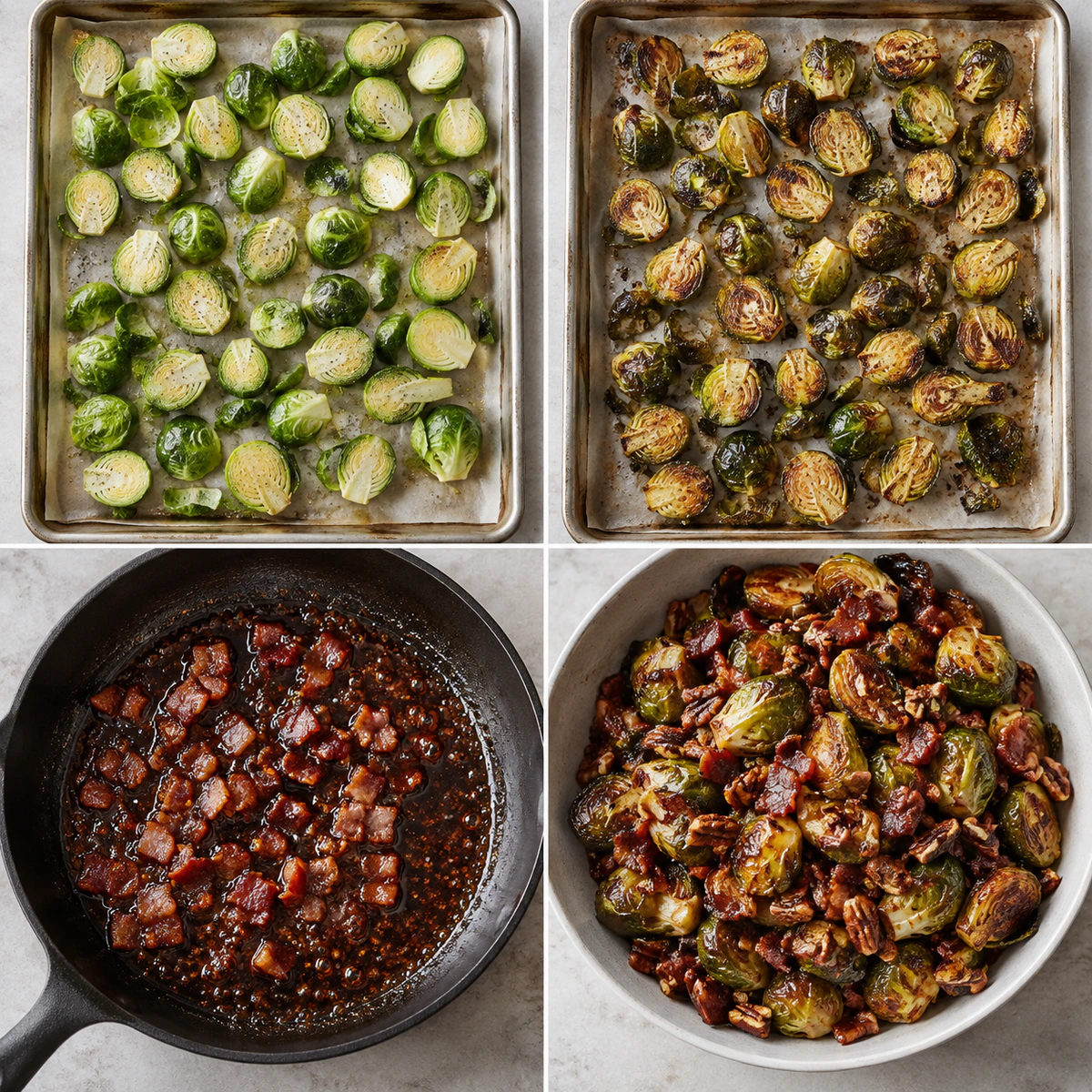 Four chronological preparation stages for Brussels Sprouts in Maple Bourbon Sauce