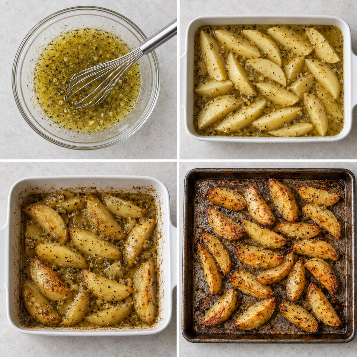Four chronological preparation stages for Greek Potatoes
