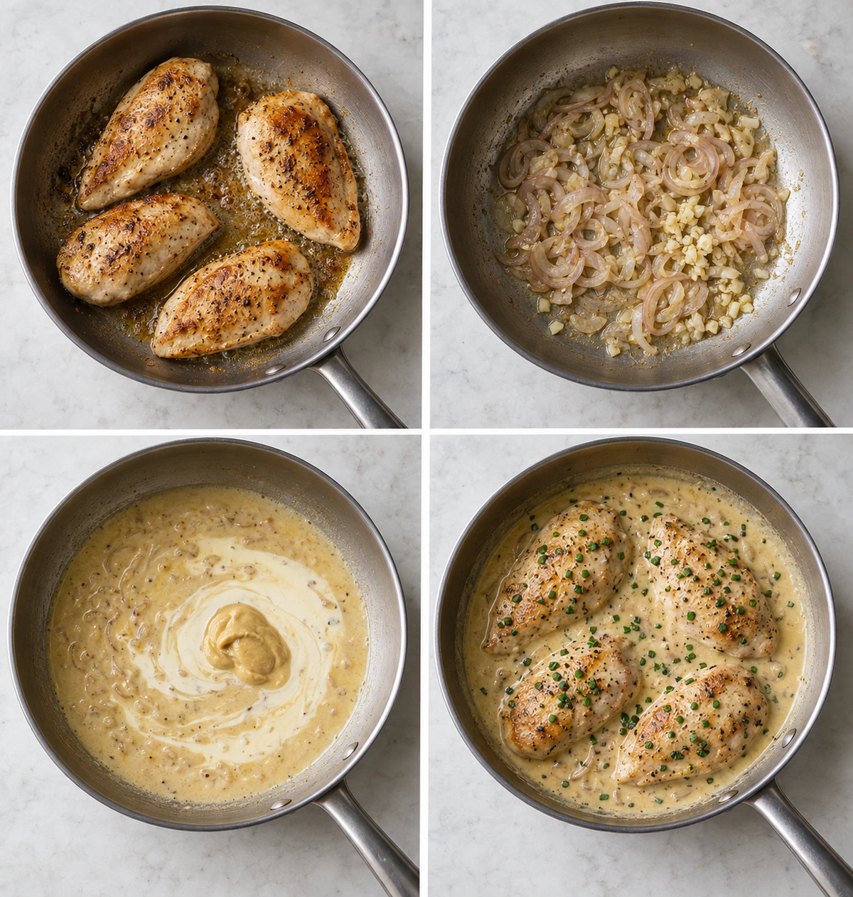 Four chronological preparation stages for Mary Berry's Dijon Chicken