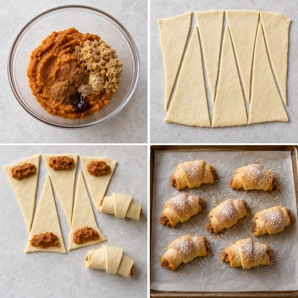 Four chronological preparation stages for Mini Pumpkin Pie Crescent Rolls