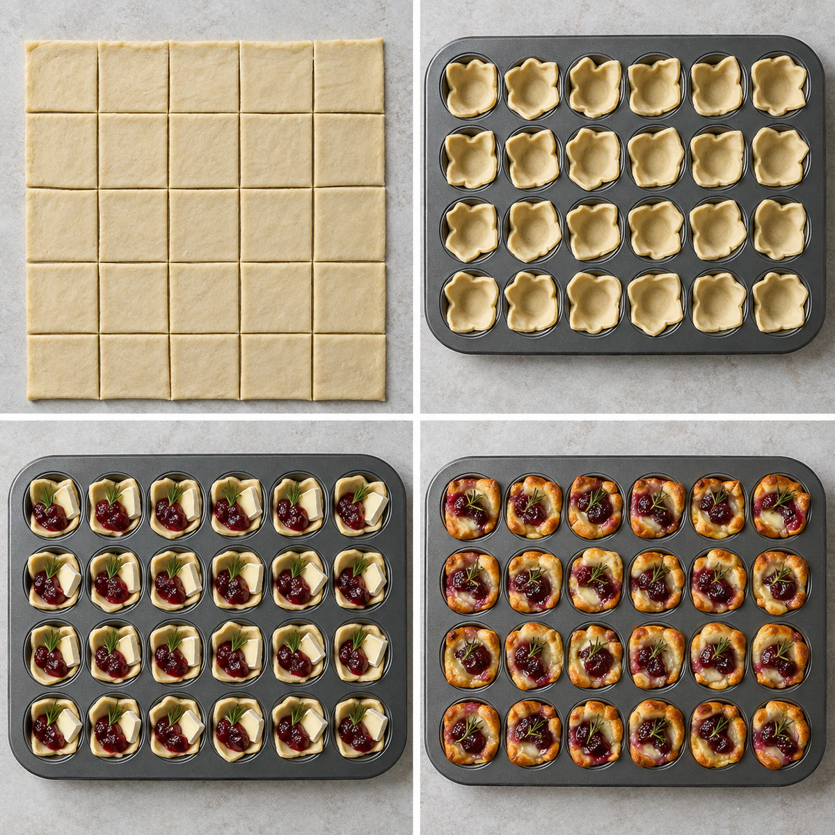 Four chronological preparation stages for Cranberry Brie Bites