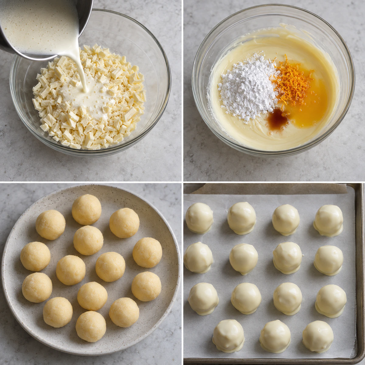 Four chronological preparation stages for White Chocolate Orange Creamsicle Truffles