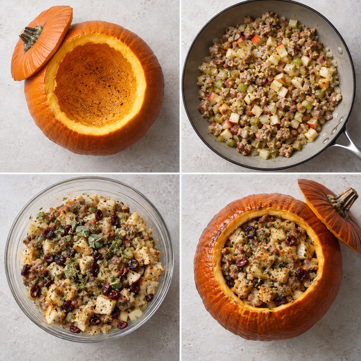 Four chronological preparation stages for Roasted Stuffed Pumpkin