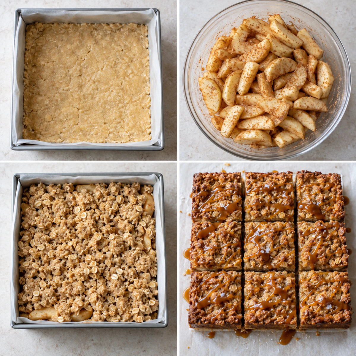 Four chronological preparation stages for Salted Caramel Apple Pie Bars