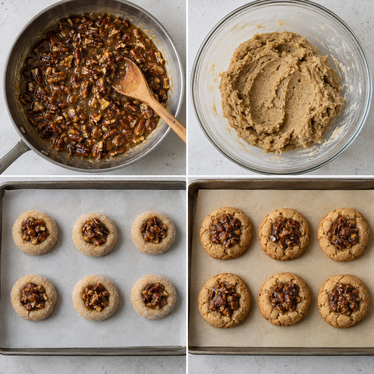 Four chronological preparation stages for Vegan Pecan Pie Cookies