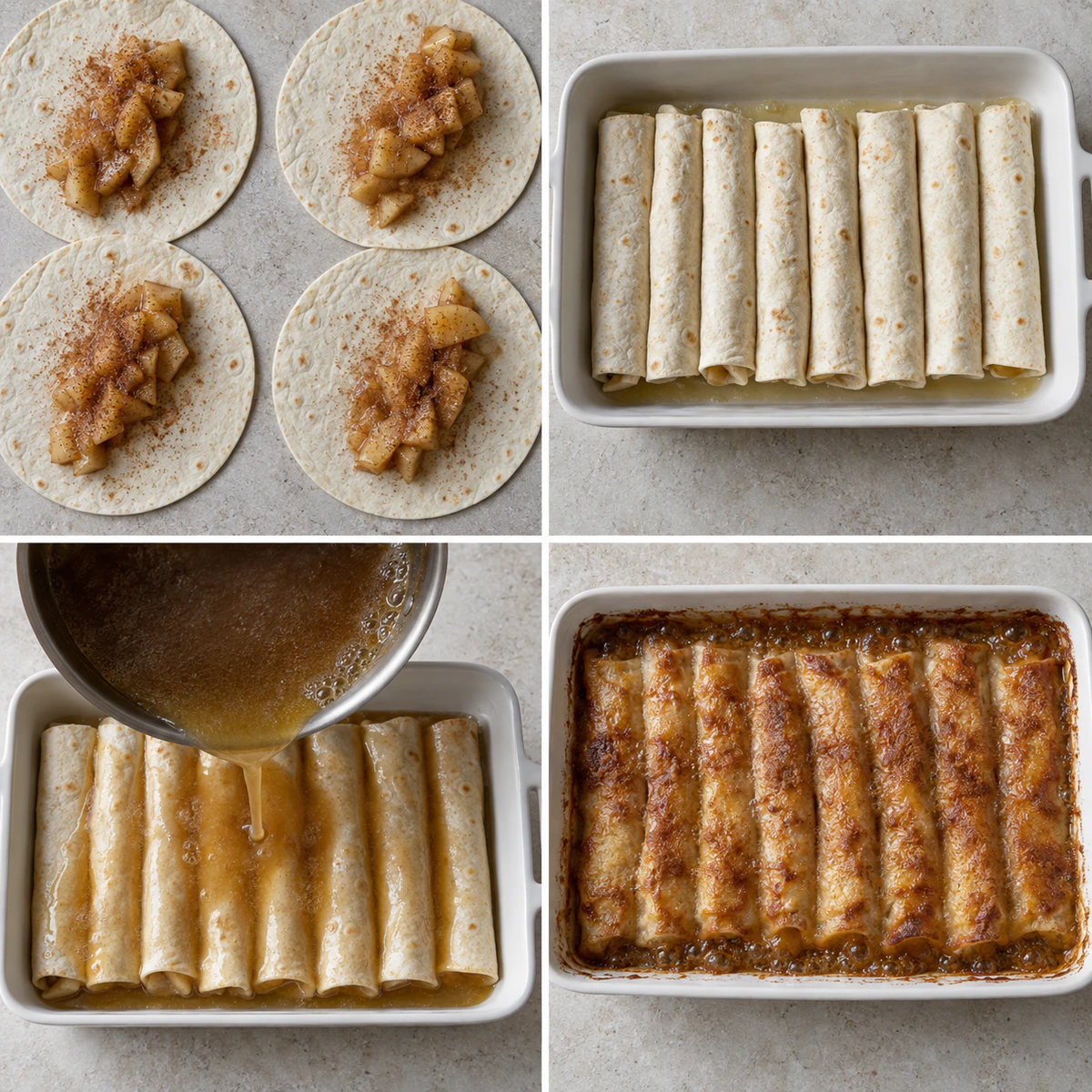 Four chronological preparation stages for Apple Pie Enchiladas