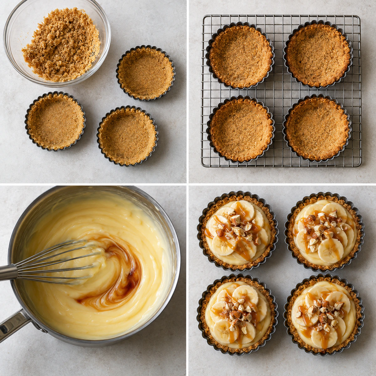 Four chronological preparation stages for Mini Banana Cream Tarts