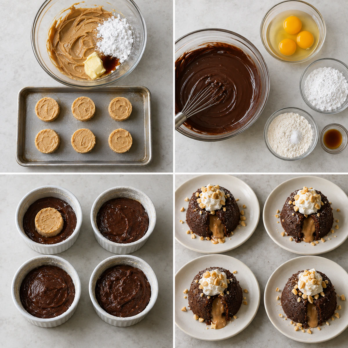 Four chronological preparation stages for Molten Peanut Butter Lava Cake