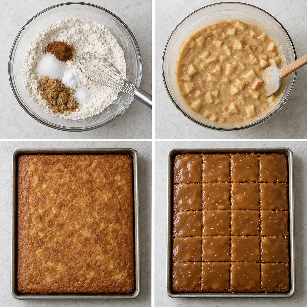Four chronological preparation stages for Salted Caramel Apple Sheet Cake
