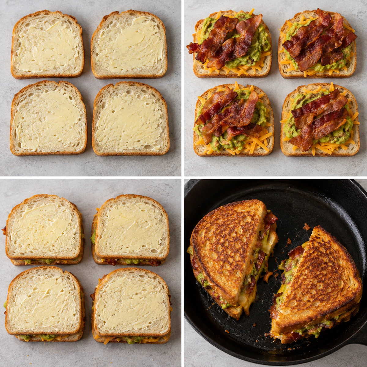 Four chronological preparation stages for Bacon Guacamole Grilled Cheese