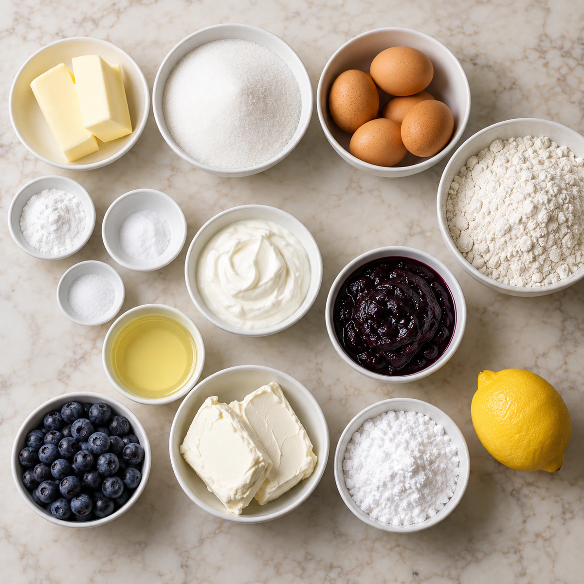 Exact measured ingredients for Blueberry Cake with Lemon Cream Cheese Frosting