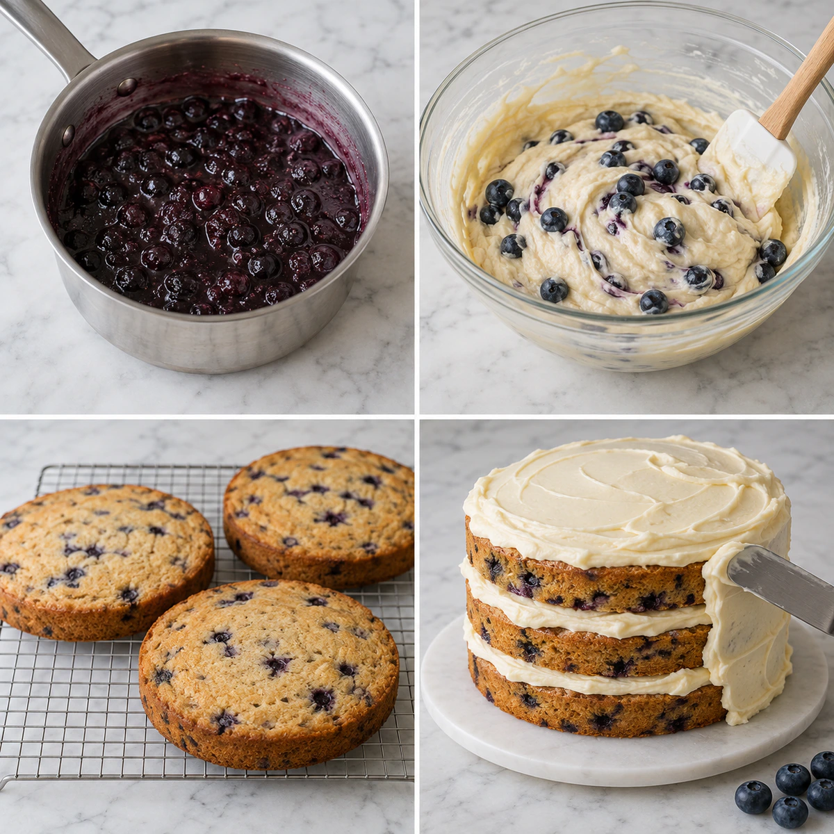 Four chronological preparation stages for Blueberry Cake with Lemon Cream Cheese Frosting
