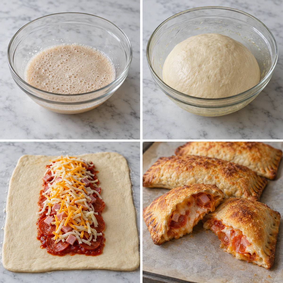 Four chronological preparation stages for Homemade Hot Pockets