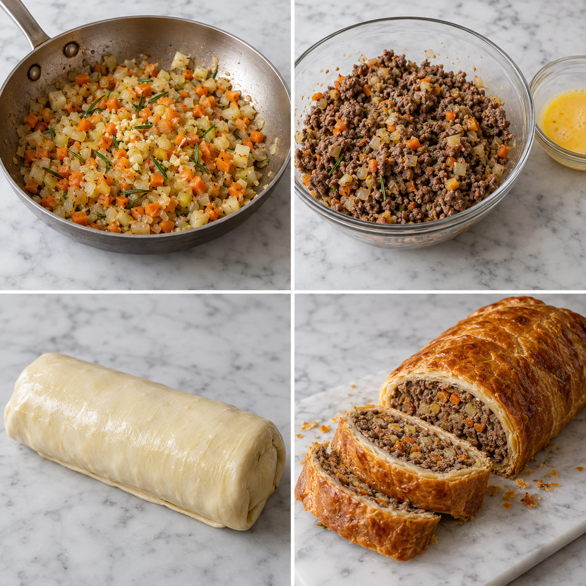 Four chronological preparation stages for Minced Beef Wellington