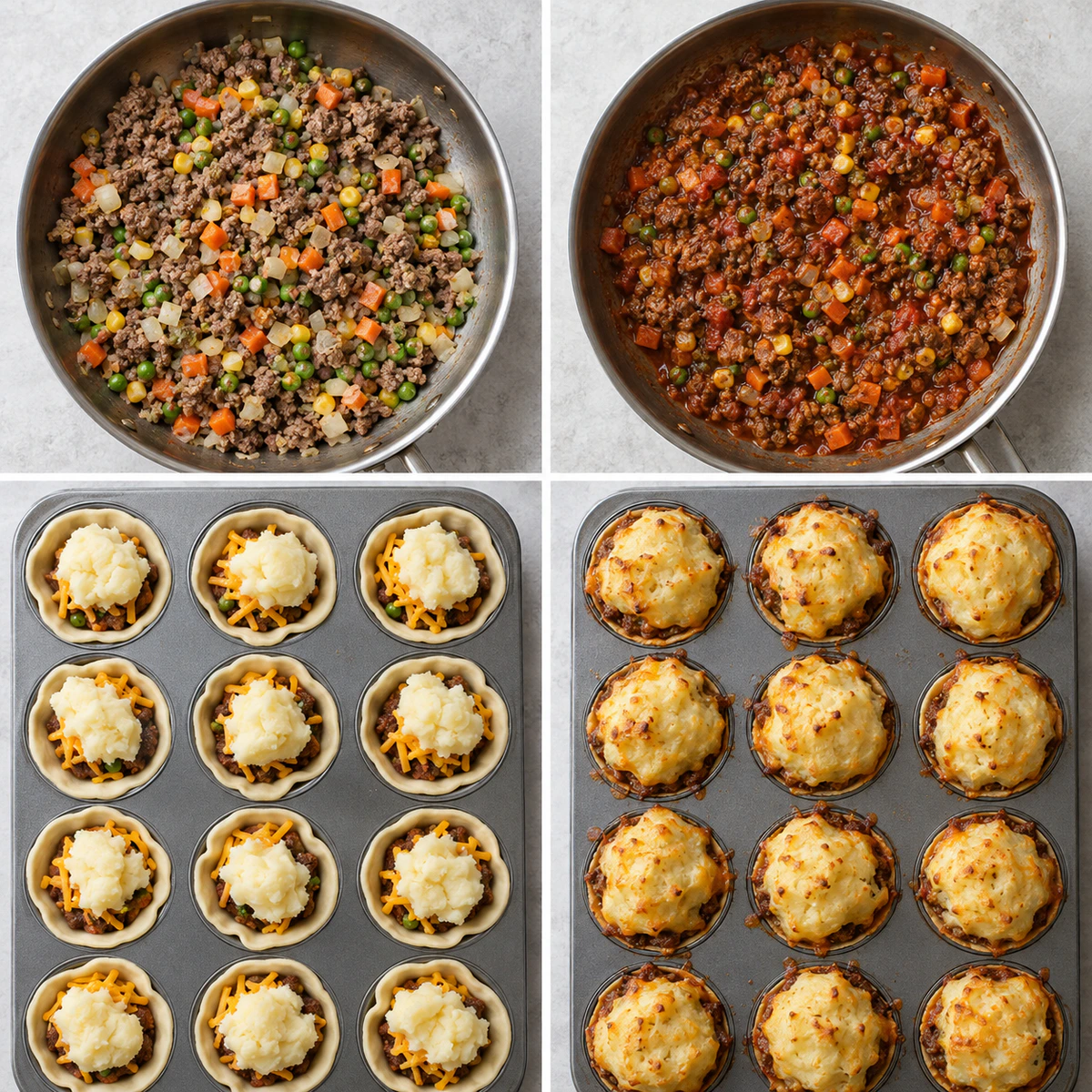 Four chronological preparation stages for Mini Shepherd's Pot Pies