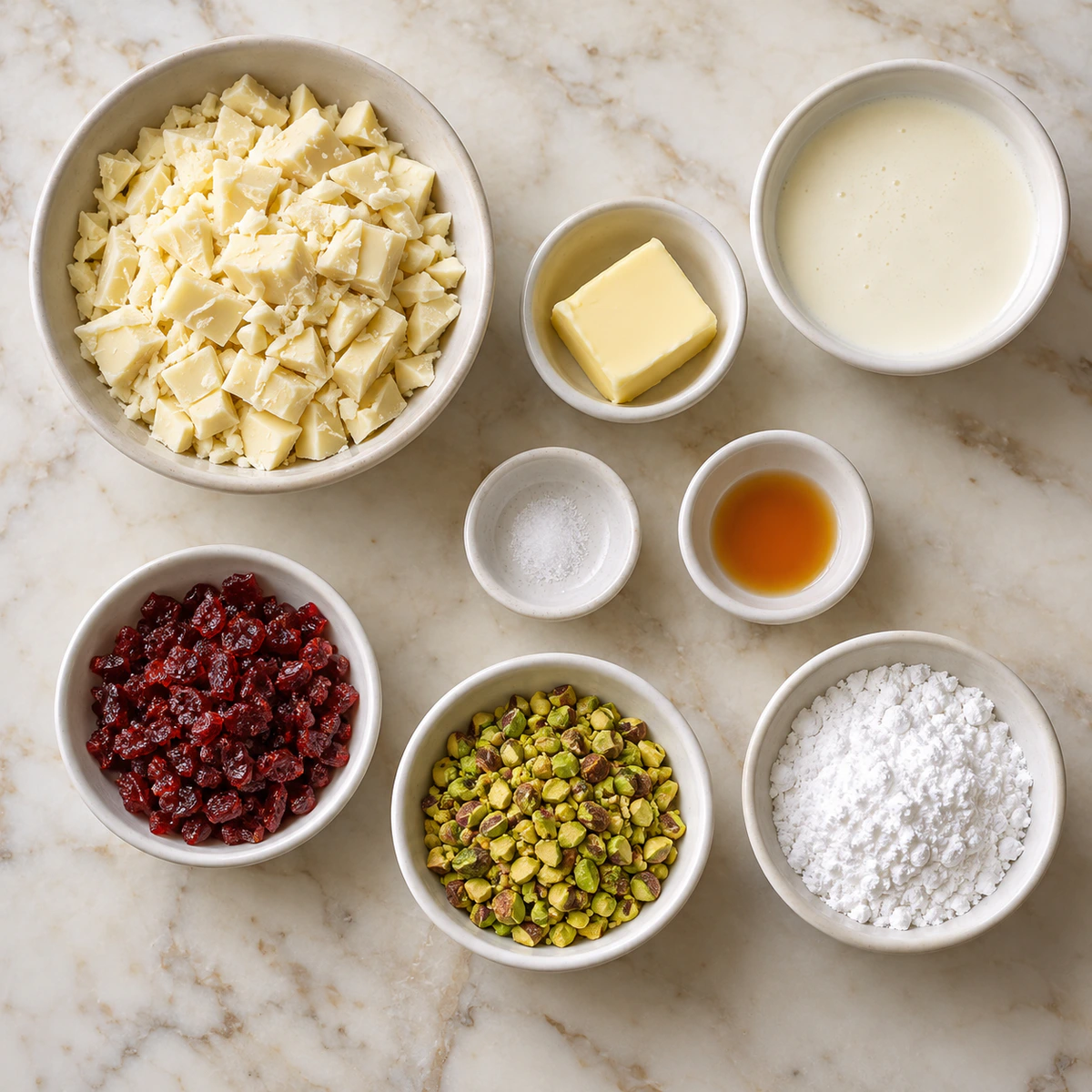 Exact measured ingredients for Cranberry Pistachio White Chocolate Truffles