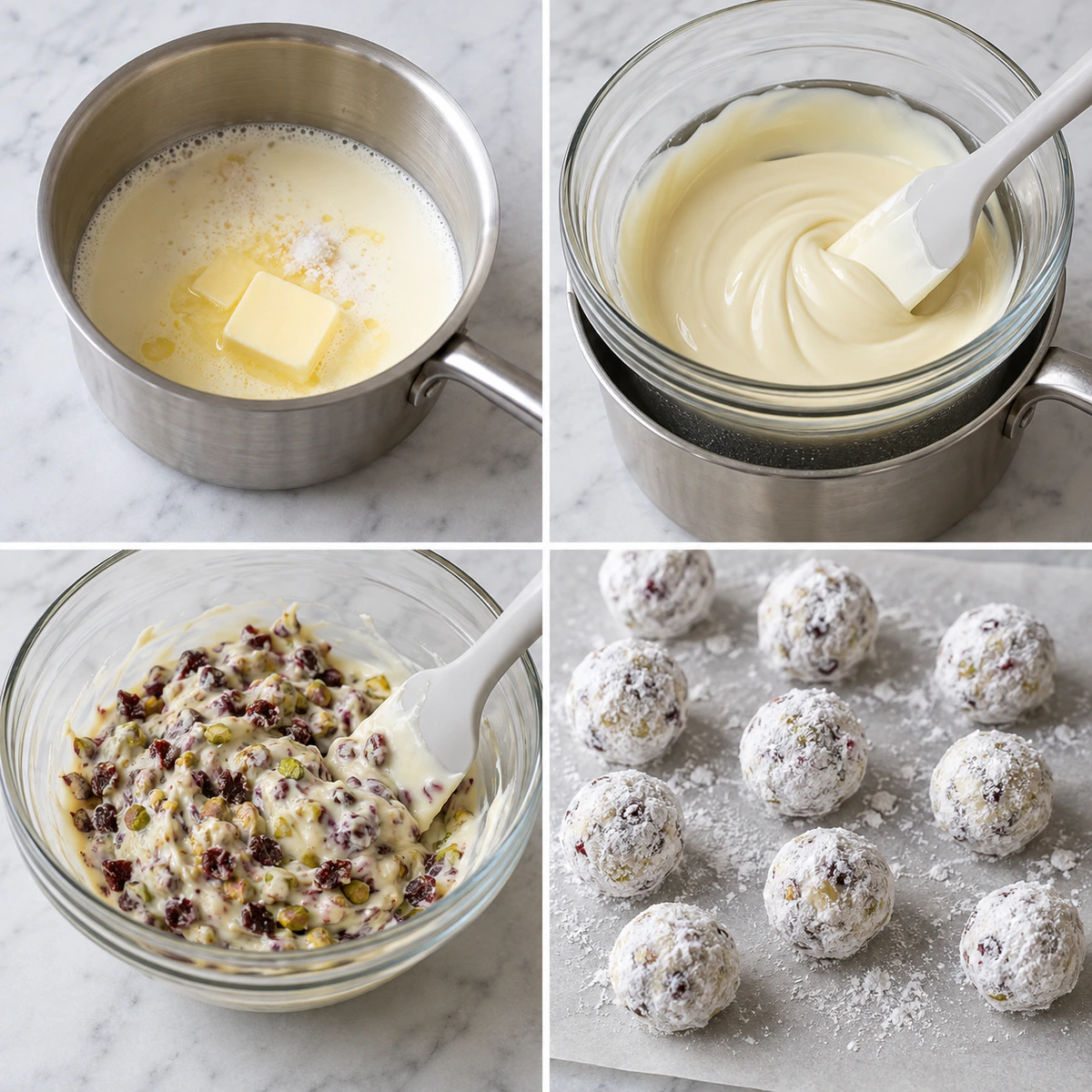 Four chronological preparation stages for Cranberry Pistachio White Chocolate Truffles
