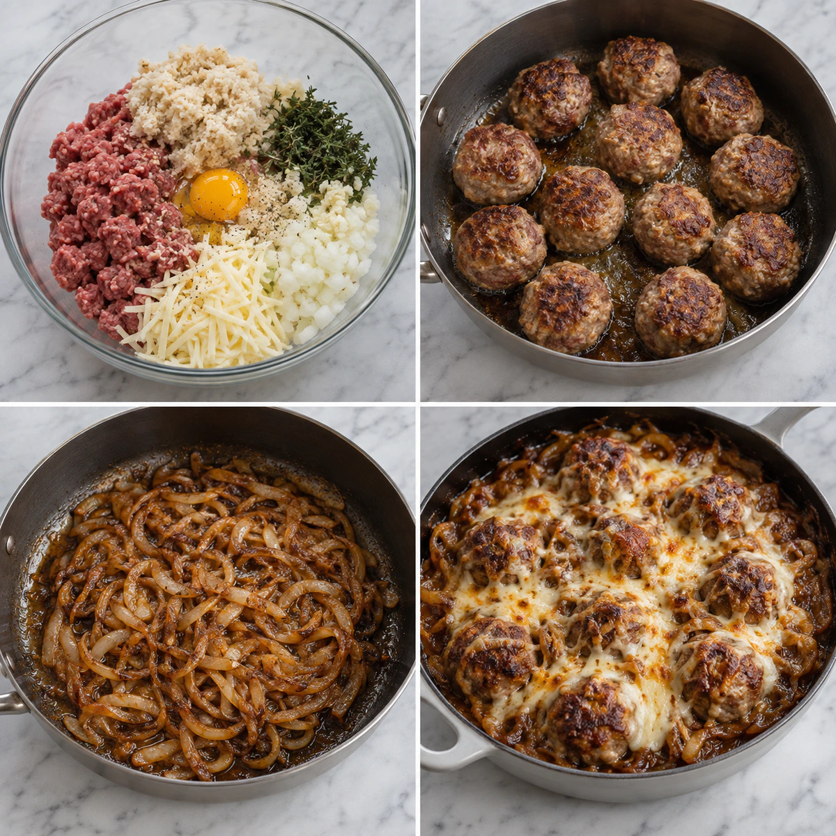Four chronological preparation stages for French Onion Meatballs