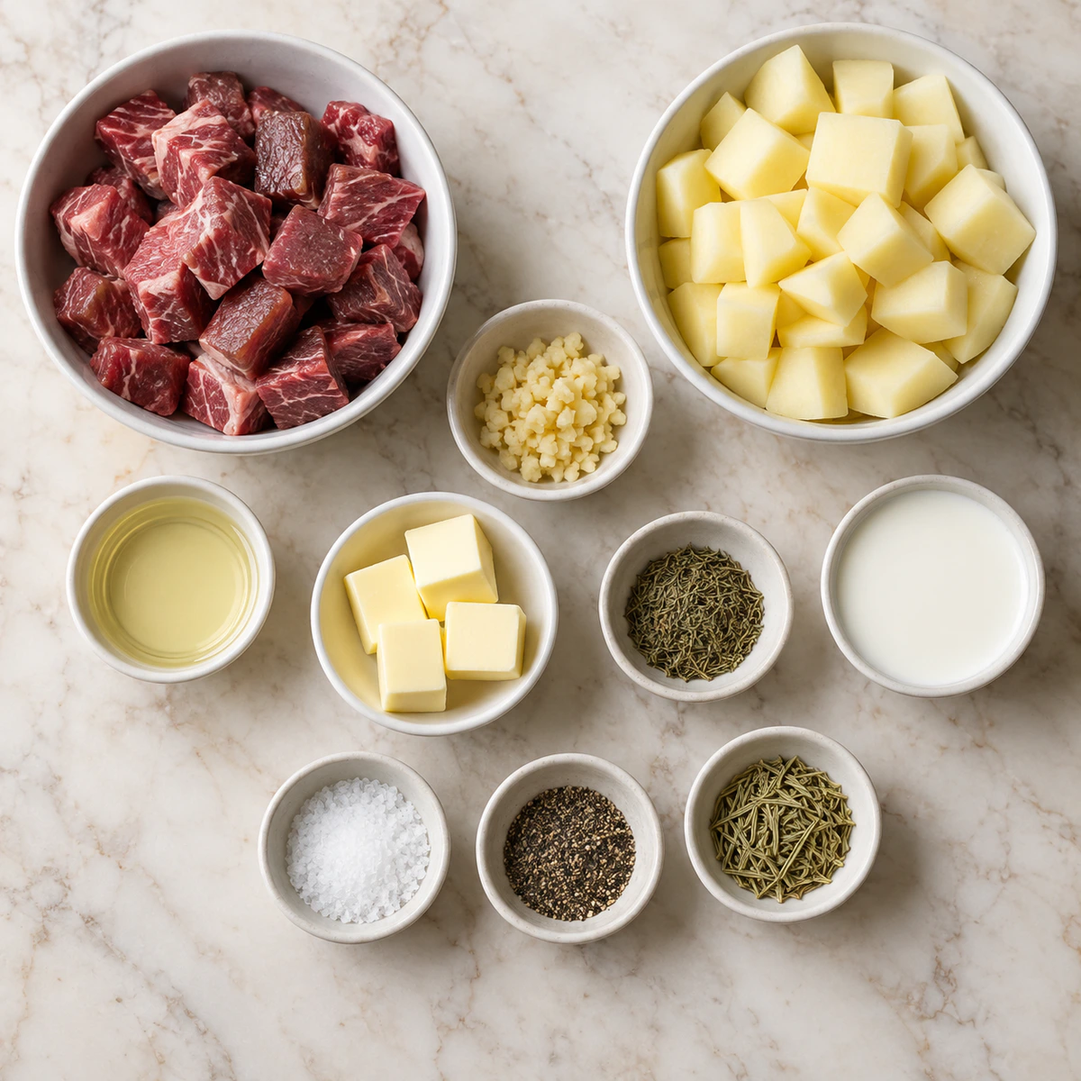 Exact measured ingredients for Garlic Butter Steak Bites & Creamy Mash
