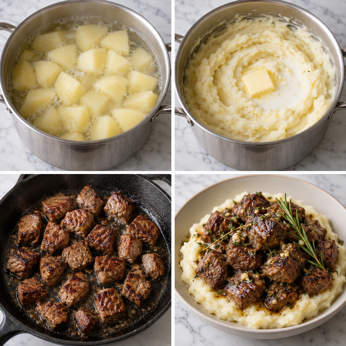 Four chronological preparation stages for Garlic Butter Steak Bites & Creamy Mash