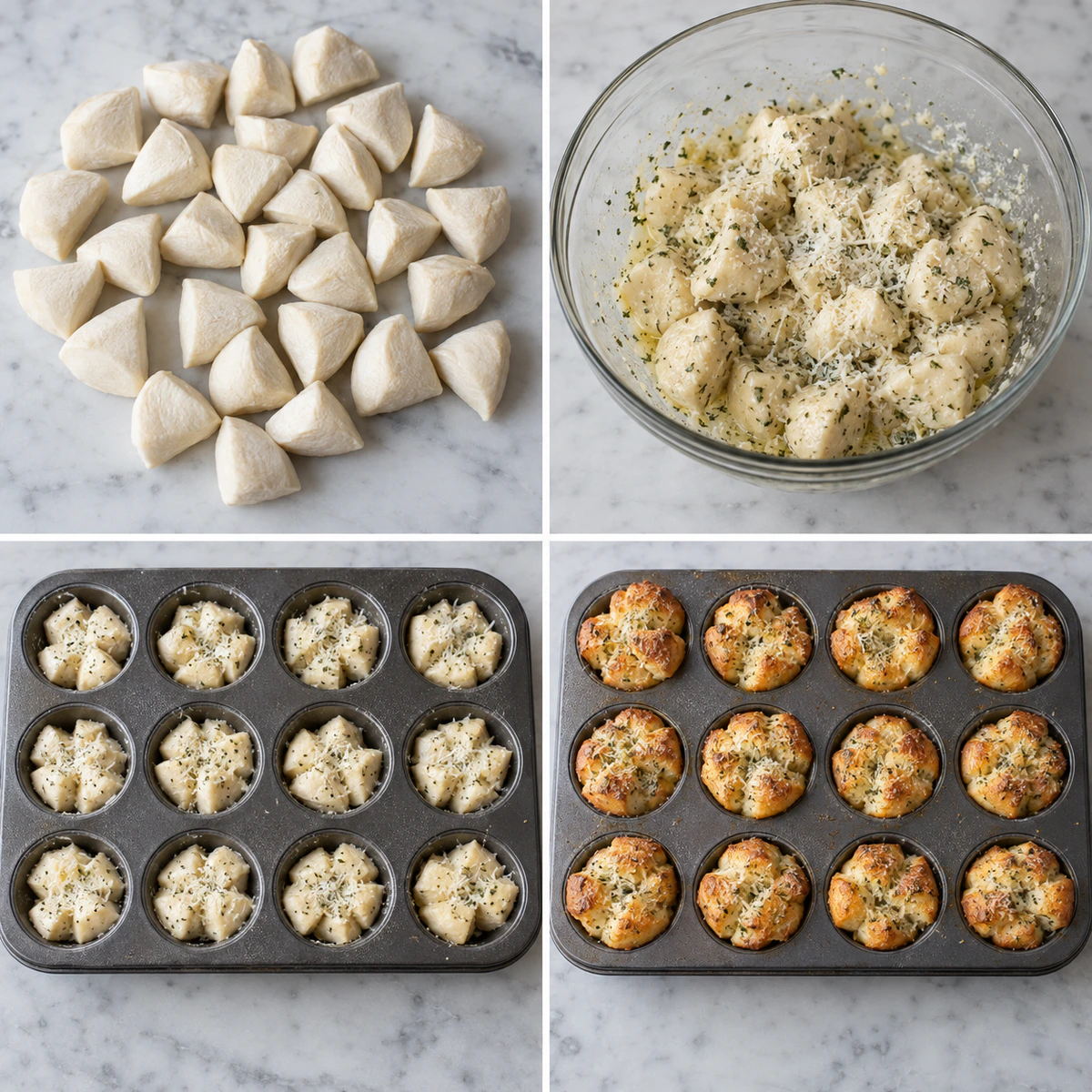 Four chronological preparation stages for Mini Garlic Monkey Breads