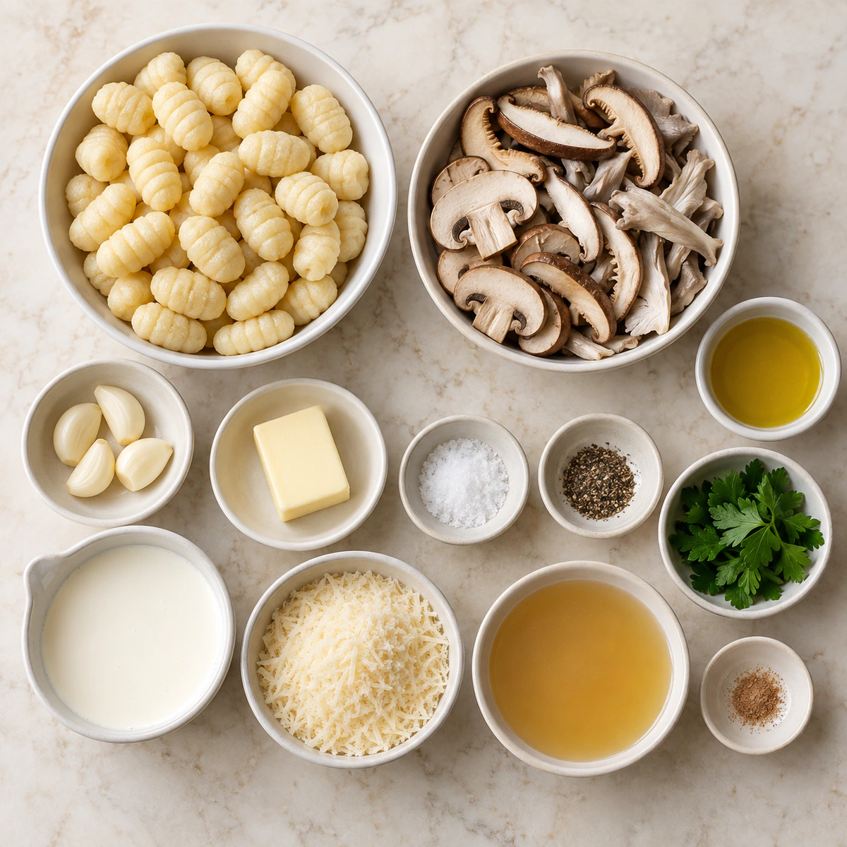 Exact measured ingredients for Mushroom Gnocchi with Parmesan Cream Sauce