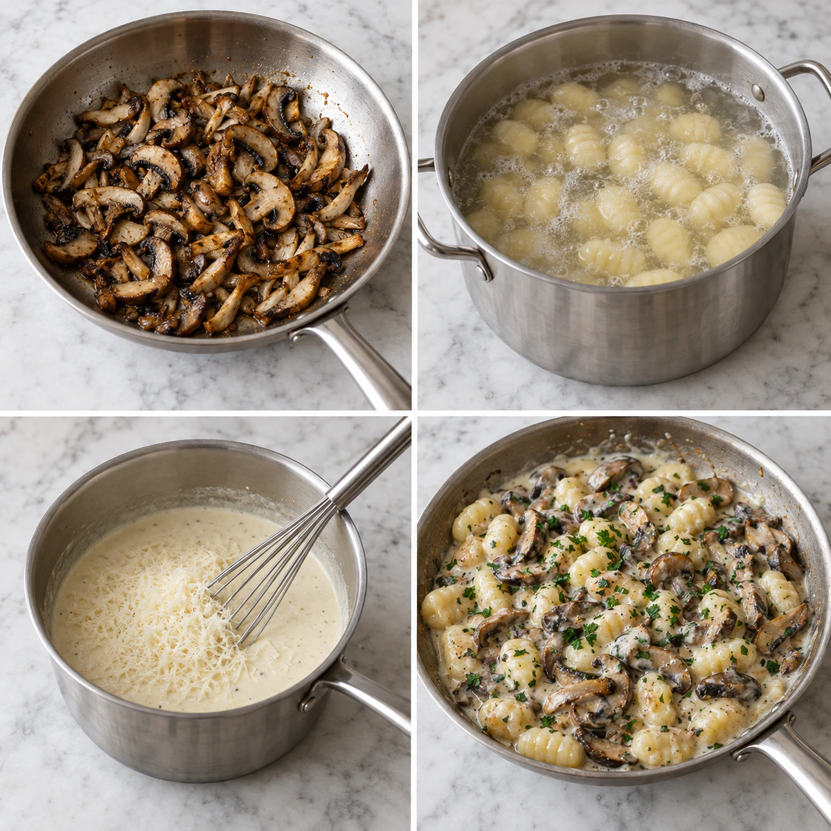 Four chronological preparation stages for Mushroom Gnocchi with Parmesan Cream Sauce