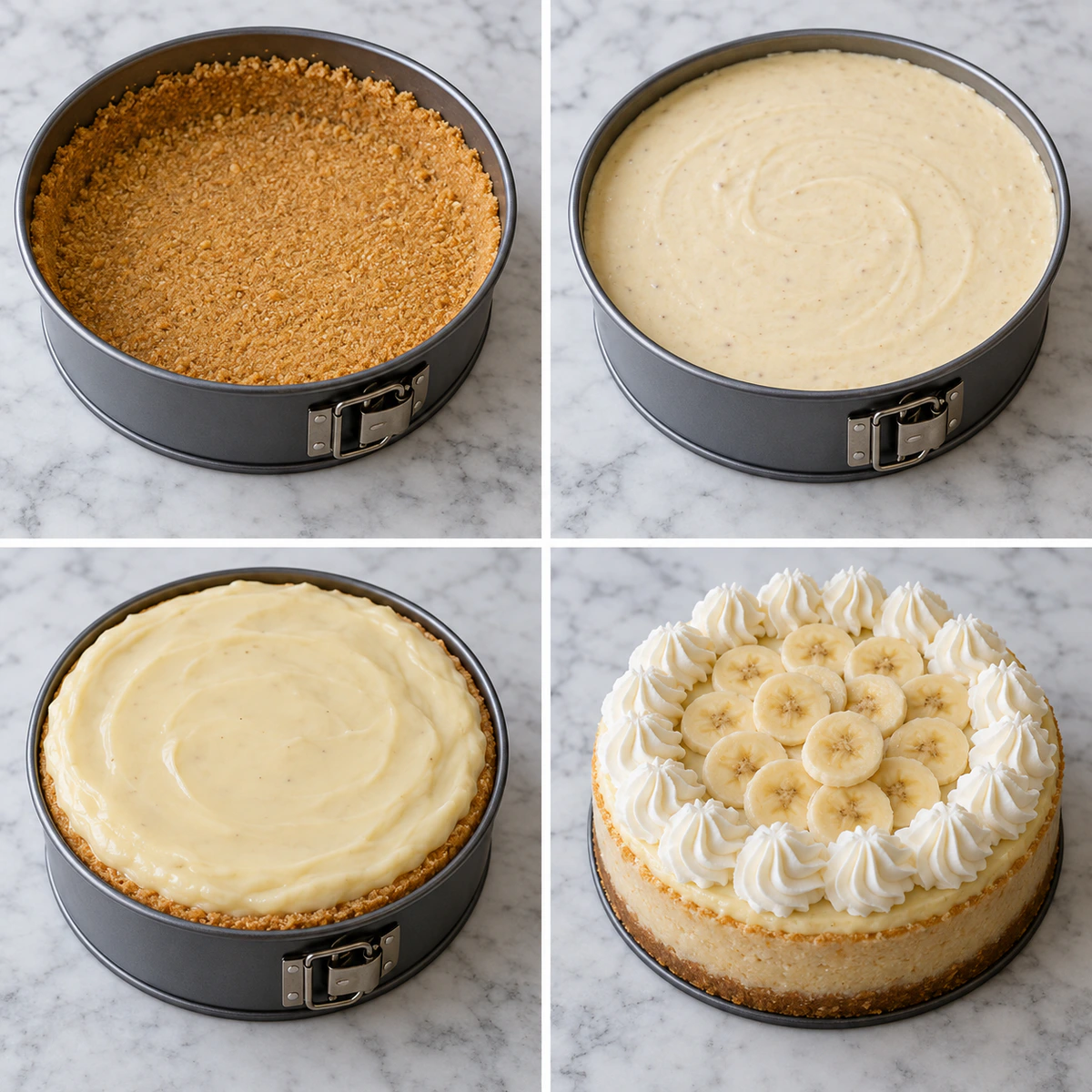 Four chronological preparation stages for Banana Cream Cheesecake Bliss
