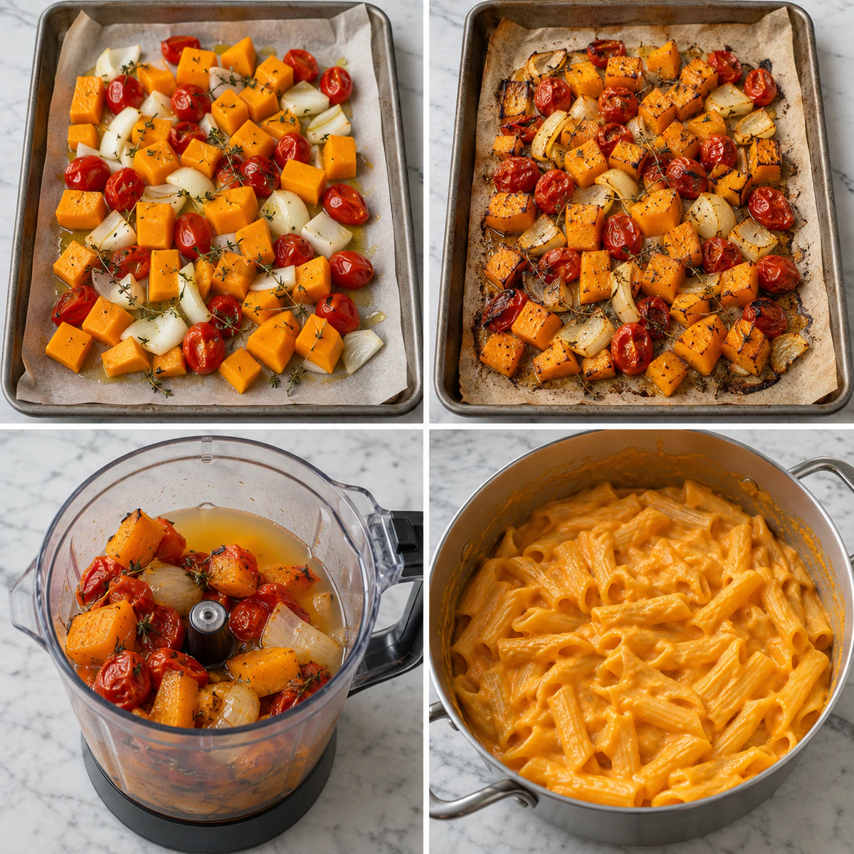 Four chronological preparation stages for Creamy Butternut Squash Pasta Sauce